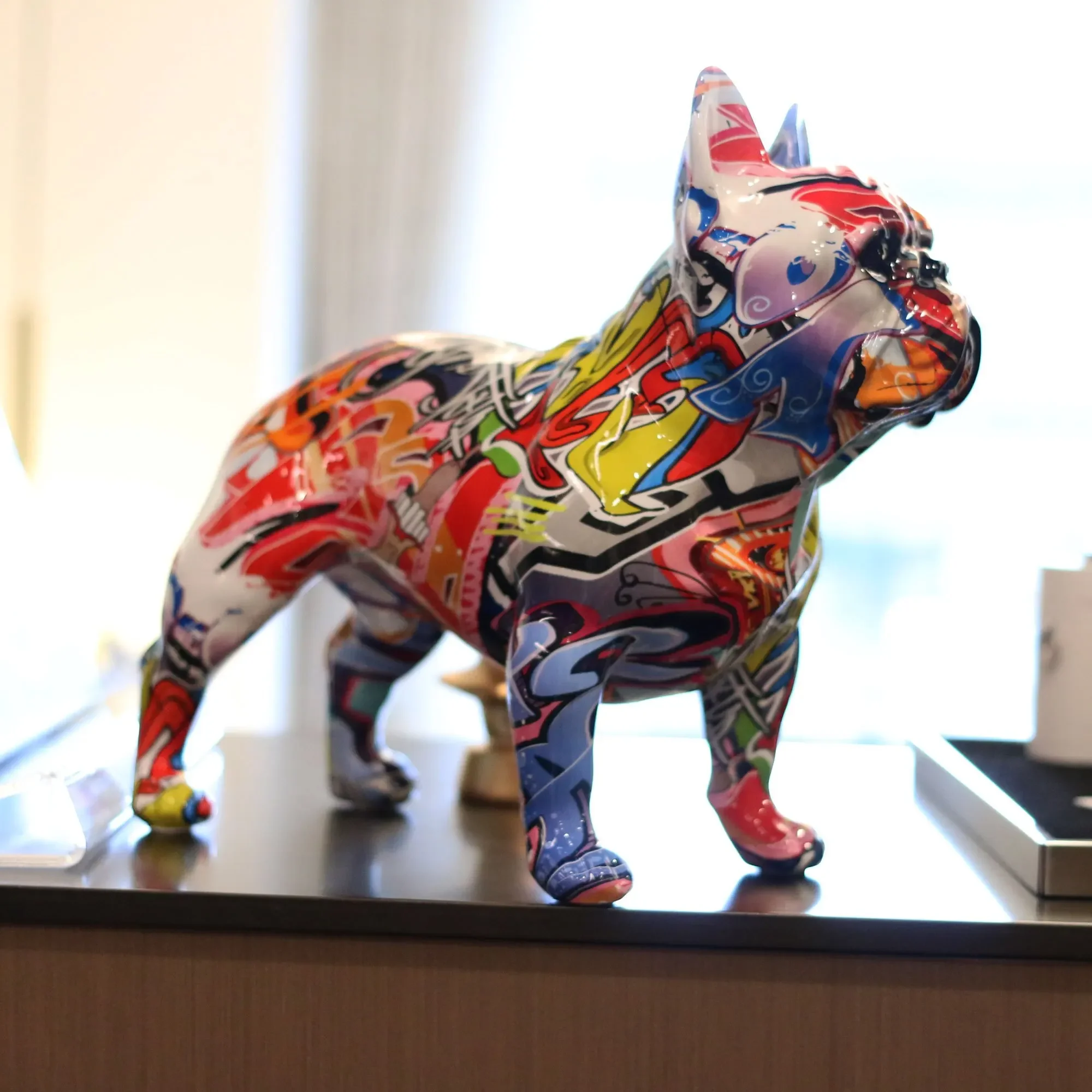 Creativity Art Modern Colorful Pet French Bulldog Statue Graffiti Office Ornaments Printing Resin Dog Home Decor Crafts