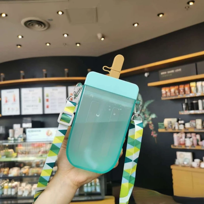 Cute Popsicle Water Bottle Straw Cup With Rope Outdoor Water Cup Transparent Matte Juice Drinking Cup For Adult Children