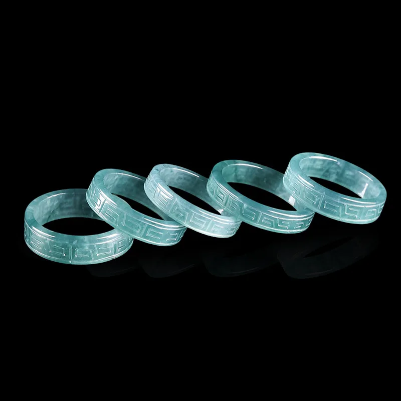 Original Natural A-grade Jade Blue Water Antique Pattern Square Ring Ice Jadeite Male Gifts Female Jewelry Personality Drop Ship