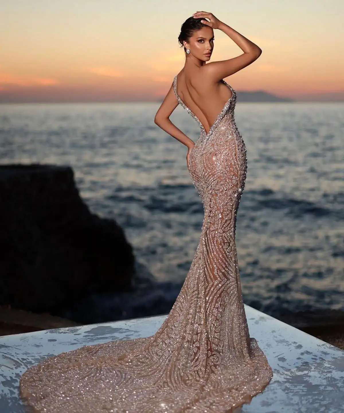 Luxury Mermaid Wedding Dress Crystal Strapless Sleeveless Bride Gowns Appliques Sequins Bridal Dresses Vestido De Novia Seaside