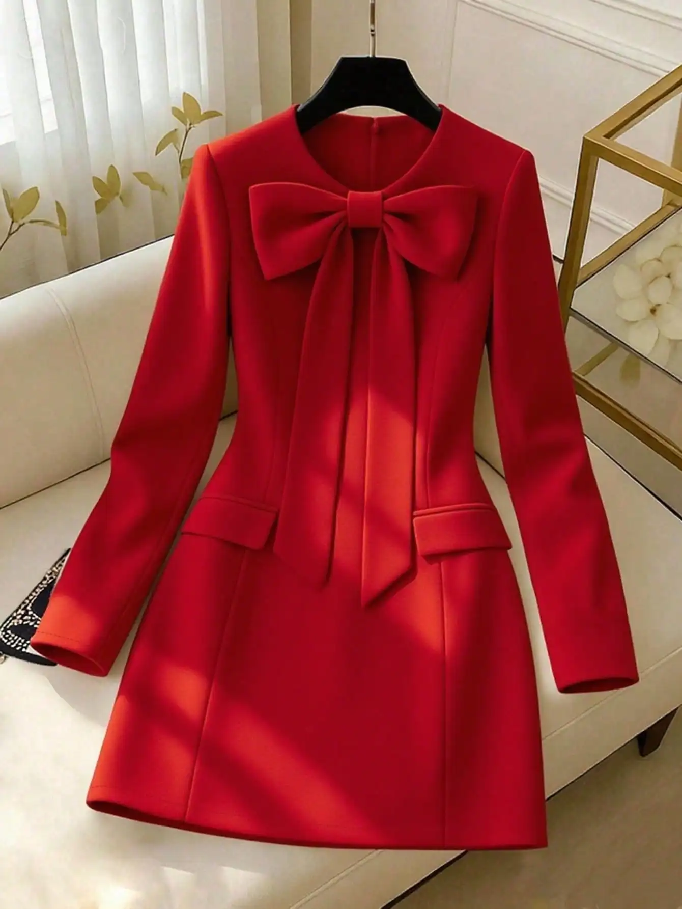 

Red Bow Detail Long Sleeve Sheath Dress for Office or Holiday Events