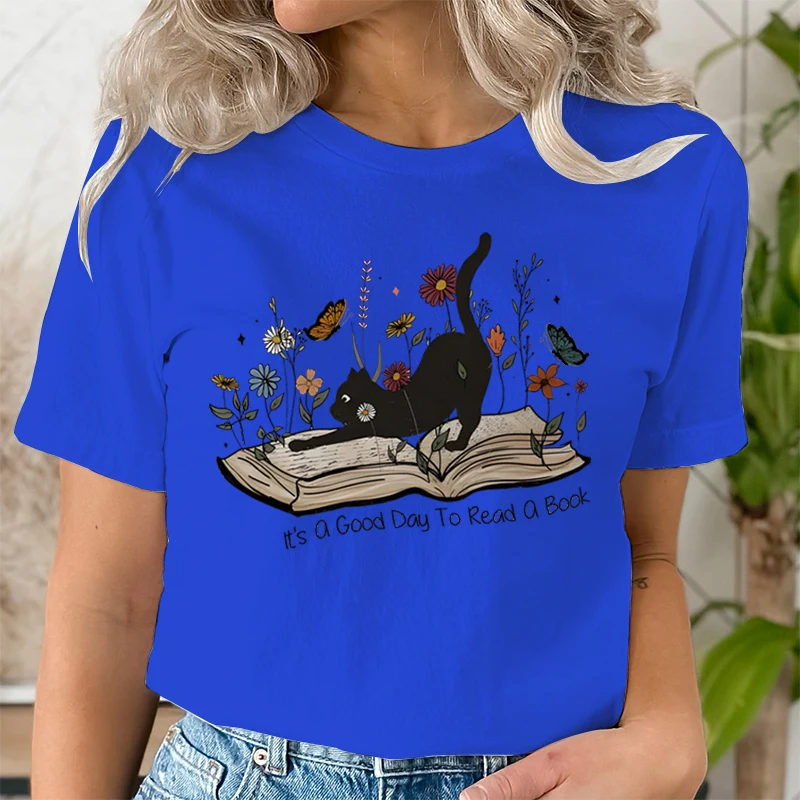 Women\'s T-shirts Black Cat and Floral Book Tshirt Short Sleeve Animal Lovers Tops It\'s A Good Day To Read A Book Graphics Tshirt