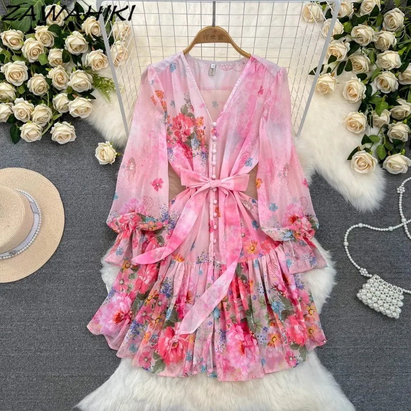 Sweet Women's Dress Bandage Temperament Vestidos Lantern Sleeve Print Chiffon Ropa Mujer Pleated Floral Patchwork Short Dresses