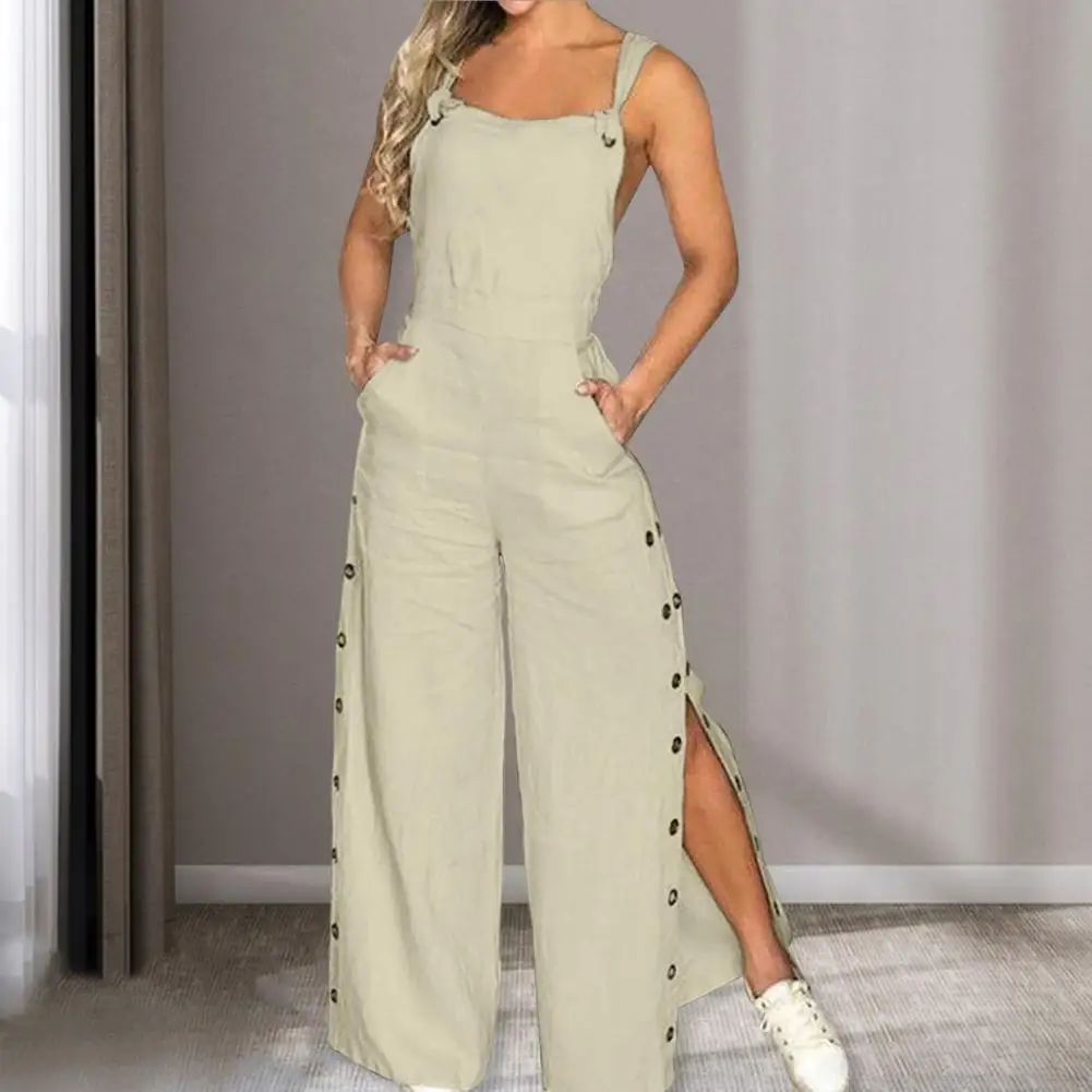 Women Sleeveless Wide Leg Jumpsuit With Side Pockets Loose Straight-Leg Romper Women Summer Outfit