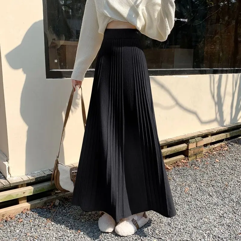 

Winter Elastic High Waist Skirts Vertical Stripes Lazy Wind Elastic Force Harajuku Fashion Hundred Folds Knitting Midi Skirt