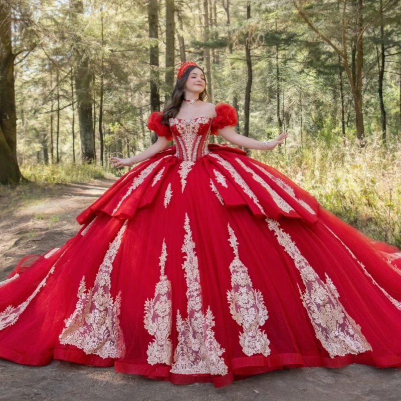

Red Shiny Ball Gown Quinceanera Dresses Gold Applique Lace Beading Crystal Bow Tull Corset Off Shoulder Sweet 16 Dress Vestidos