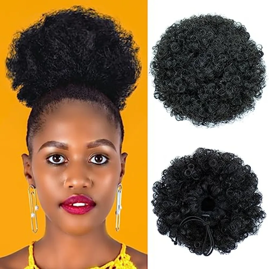 

Afro Puff Drawstring Ponytail Extension for Black Women, Synthetic Short Kinky Curly Pony Tail Clip-In Hair Bun Hairpiece, Blac