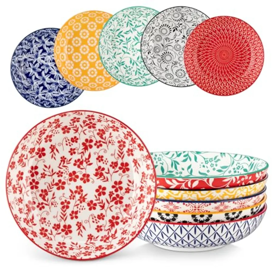 

Набор из 6 мисок для пасты Selene, 8,5 дюймов, 40 унций, фарфоровые неглубокие салатники, сервировочные миски, тарелки для пасты, большие кухонные миски-тарелки