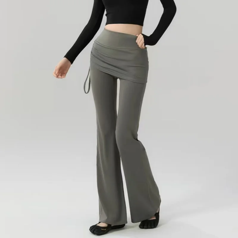 Women Yoga Skirted Flared Leggings Fake Two Piece Naked Feel High Waist Butt Lift Side Drawstring Sports Pants for Fitness