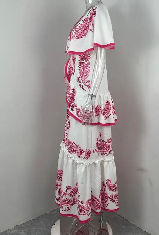 

Autumn New Women's Clothing Elegant Printed V-Neck Dress with Ruffled Large Swing Dress Vacation Casual Female Sexy Dresses