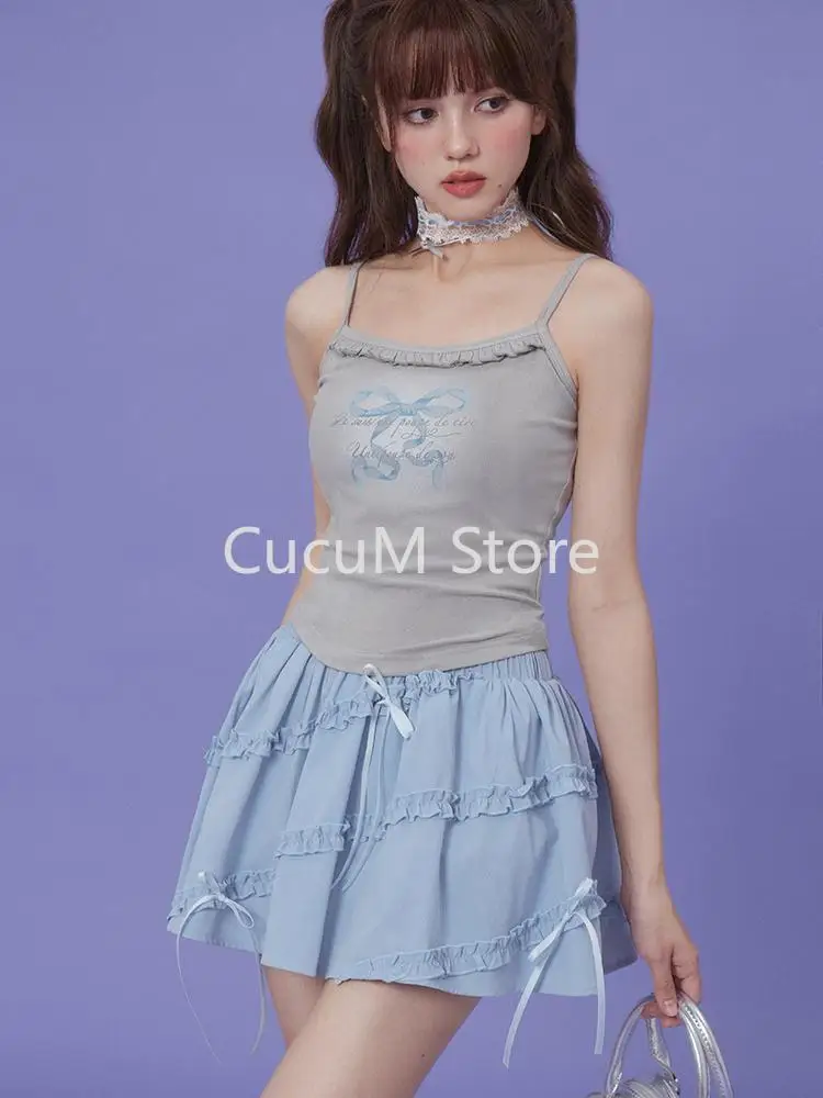 2024 New Blue A-line Bow Skirt Vintage Y2k Jean Skirt 90s Aesthetic Harajuku Korean Elegant Cowboy Skirts 2000s Clothes Chic