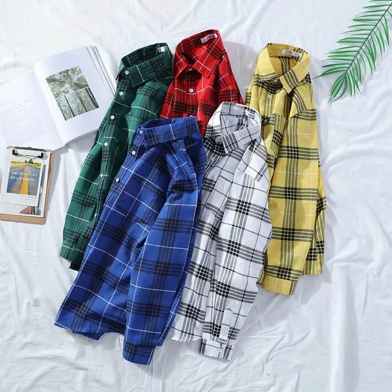 Harajuku Plaid Shirts Men\'s Spring Summer High Quality Casual Flannel Men Oversized Loose Retro Long-sleeved Shirts M-3XL