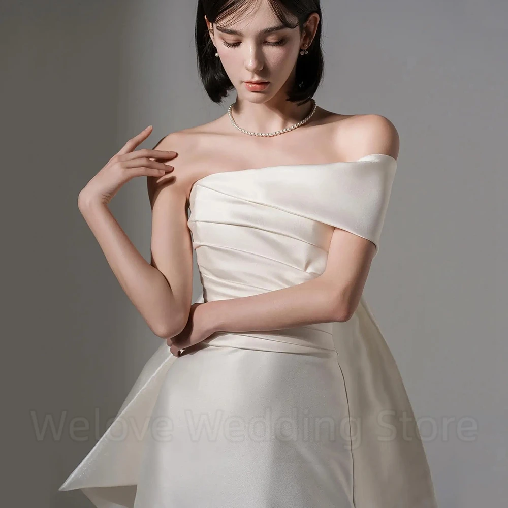 Chic One Shoulder Short Sleeve Wedding Dress Boat Neck with Bow and Pleat Bridal Mermaid Floor Length Sweep Train Bride Gowns