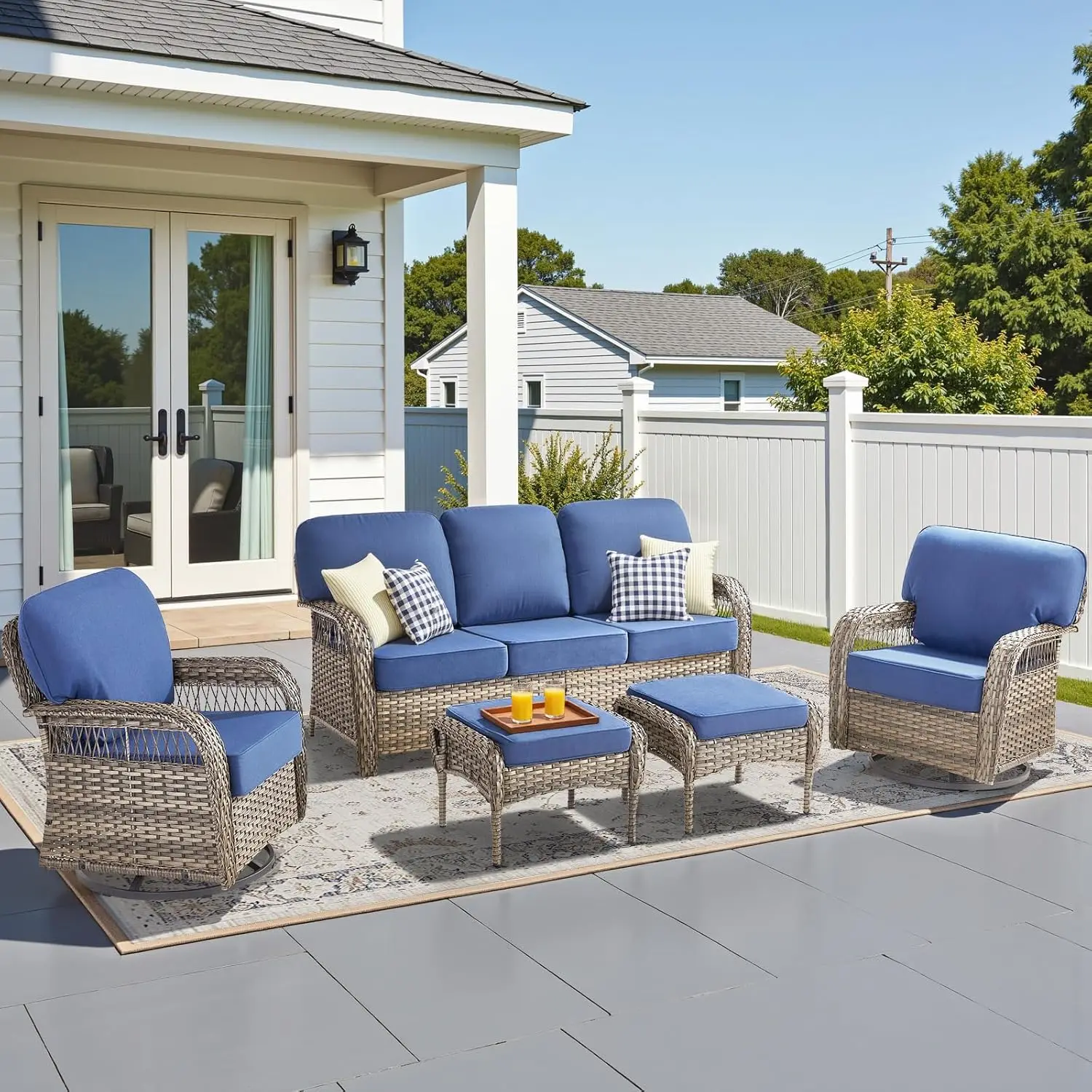 

5 Pieces Patio Furniture Set Outdoor Sectional Sofa Couch with Rocking Swivel Chairs 5" Deep Seat Chairs, Modern, Customized