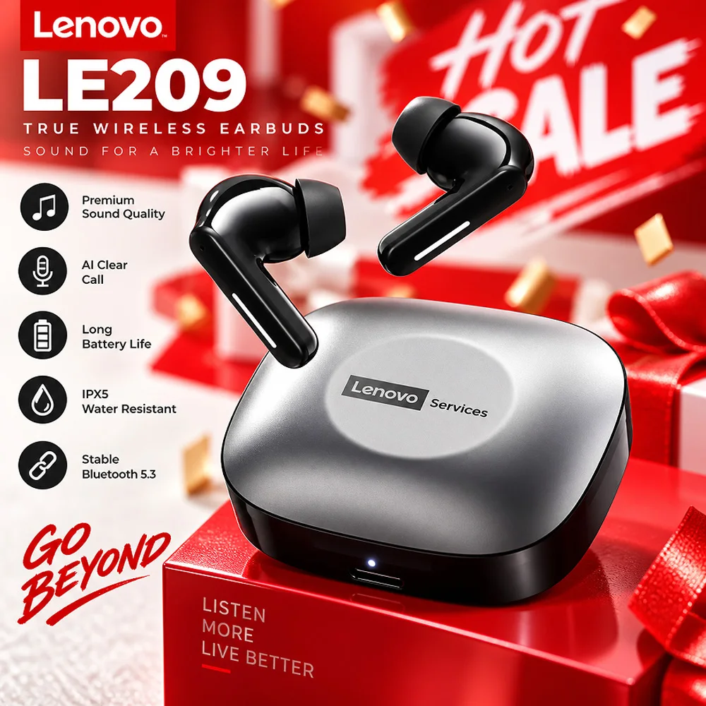 Lenovo LE209 In Ear Wireless Earphones Low Latency Game Mode ENC Noise Cancelling 35H Playback Type C Fast Charging Portable NEW