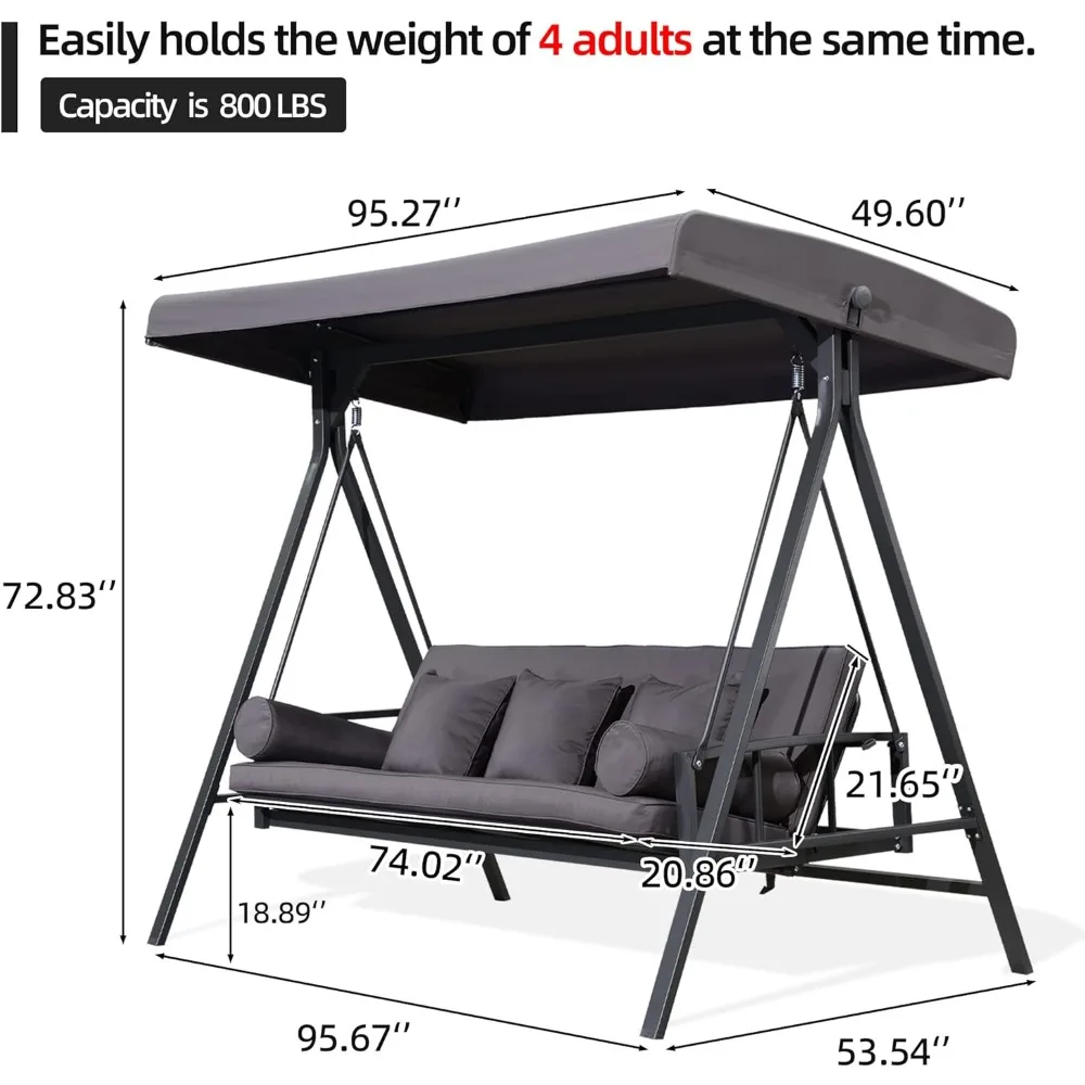 3-seat Outdoor Porch Swing with Hardtop, Adjustable Backrest, Weather Resistant Steel Frame, Cushion and Pillows, Outdoor Swing