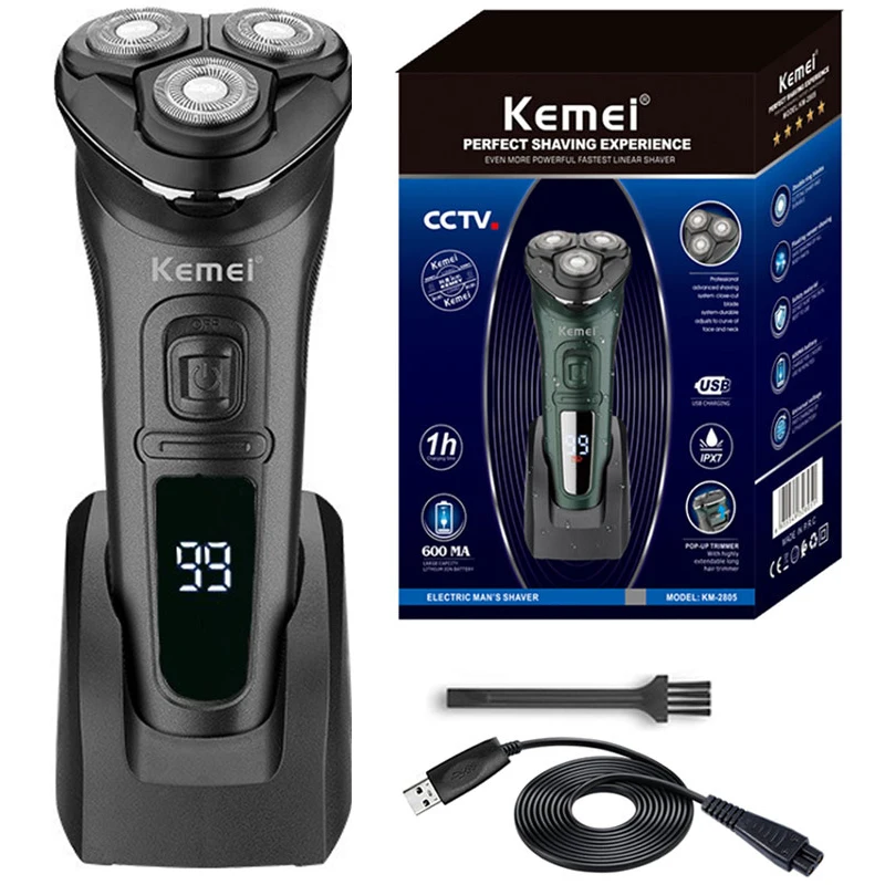 Kemei 2805 barbeador elétrico à prova d'água para homens, barba seca e molhada, recarregável, máquina de barbear facial, display lcd