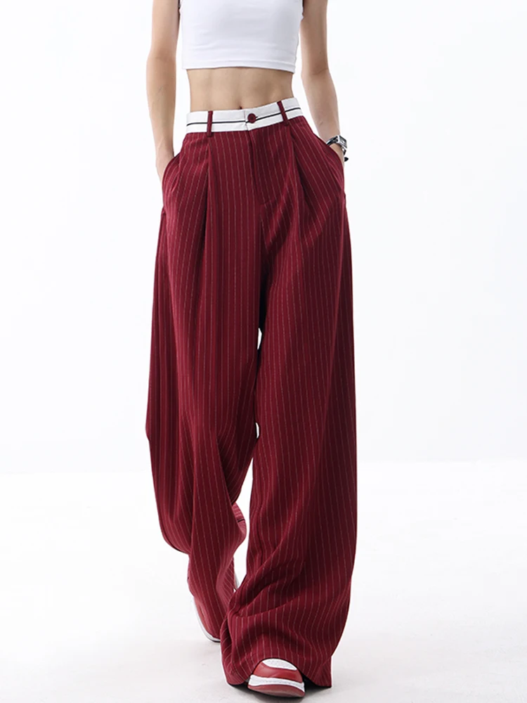 Korean Fashion Women Old Money Style Baggy Long Trousers Striped Vintage Irregular Design Loose Casual Pants 2000s Aesthetic New