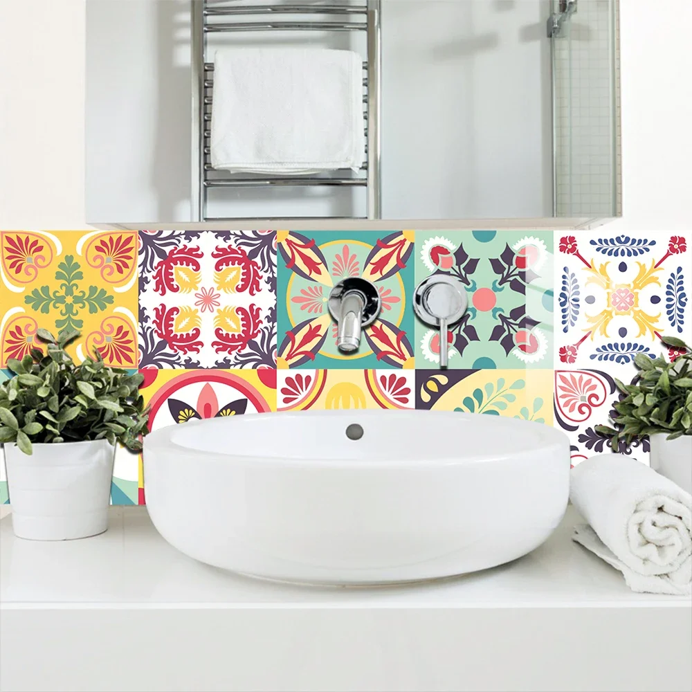 16pcs/set Colorful European Style Tiles Wall Sticker Kitchen Bathroom Tables Art Mural Home Decor Peel & Stick PVC Wall Decals