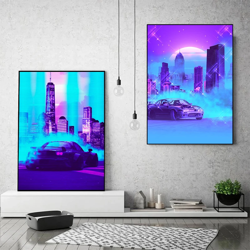 Nissan Skyline GTR Mazda Poster Jdm Car Synthwave Japanese Car Canvas Painting Wall Art Print Picture for Living Room Home Decor