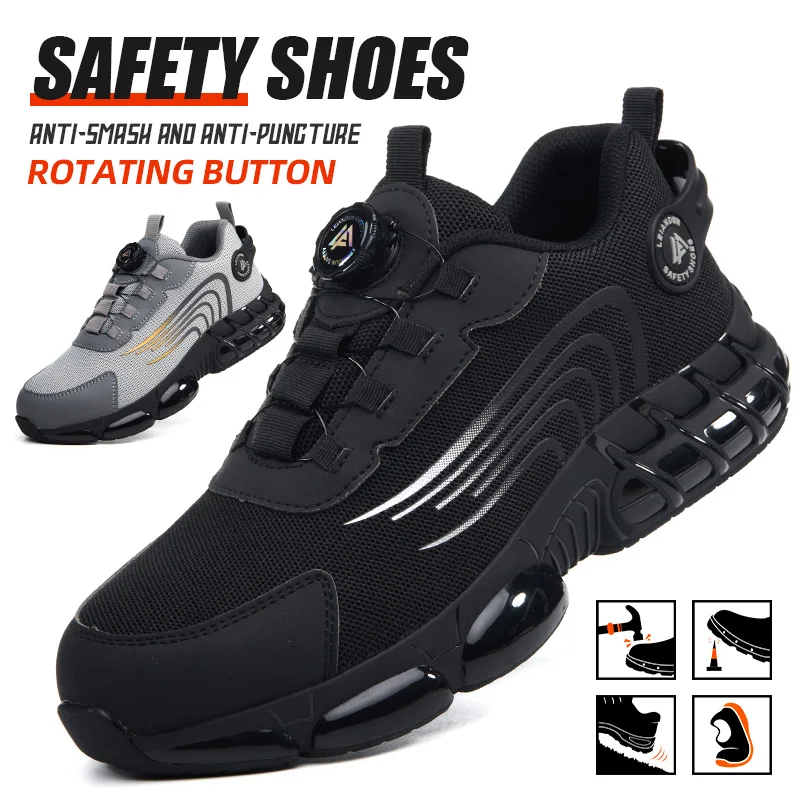 LEIANDUN Men's safety shoes are lightweight and comfortable, with rotating buttons and anti smashing steel toe work shoes