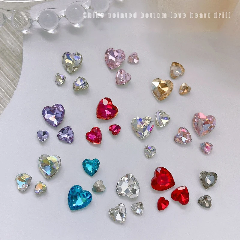 10pcs Mix Heart Nail Rhinestones Glitter Glass Crystal Trim Decorations Gems Makeup Nail Art Accessories Pink Rhinestones