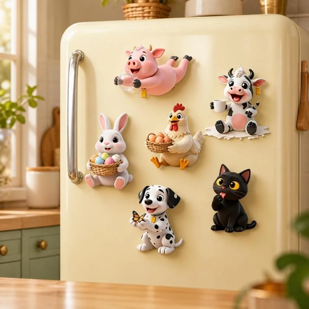 6pcs Home Decor 2D Flat Dog Cat Fridge Magnets Acrylic Pig Magnetic Refrigerator Stickers Chicken Rabbit Fridge Decor Kids Room