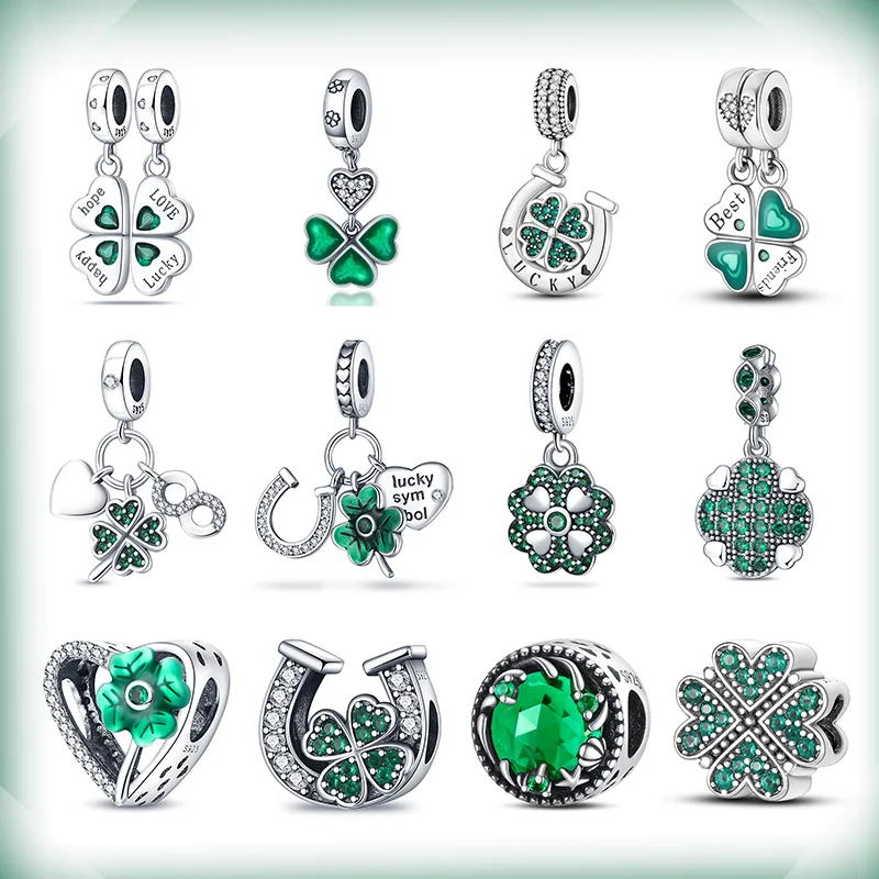 

925 sterling silver fashion lucky four-leaf clover green series charm beads suitable for Pandora original bracelet DIY jewelry