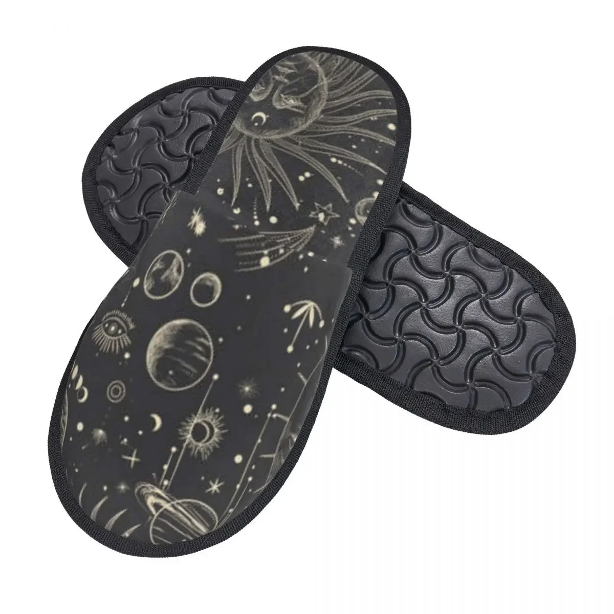 Winter Women Men Non-Slip Flat Slippers Moonlight Pattern Indoor Fur Soft Warm Shoes