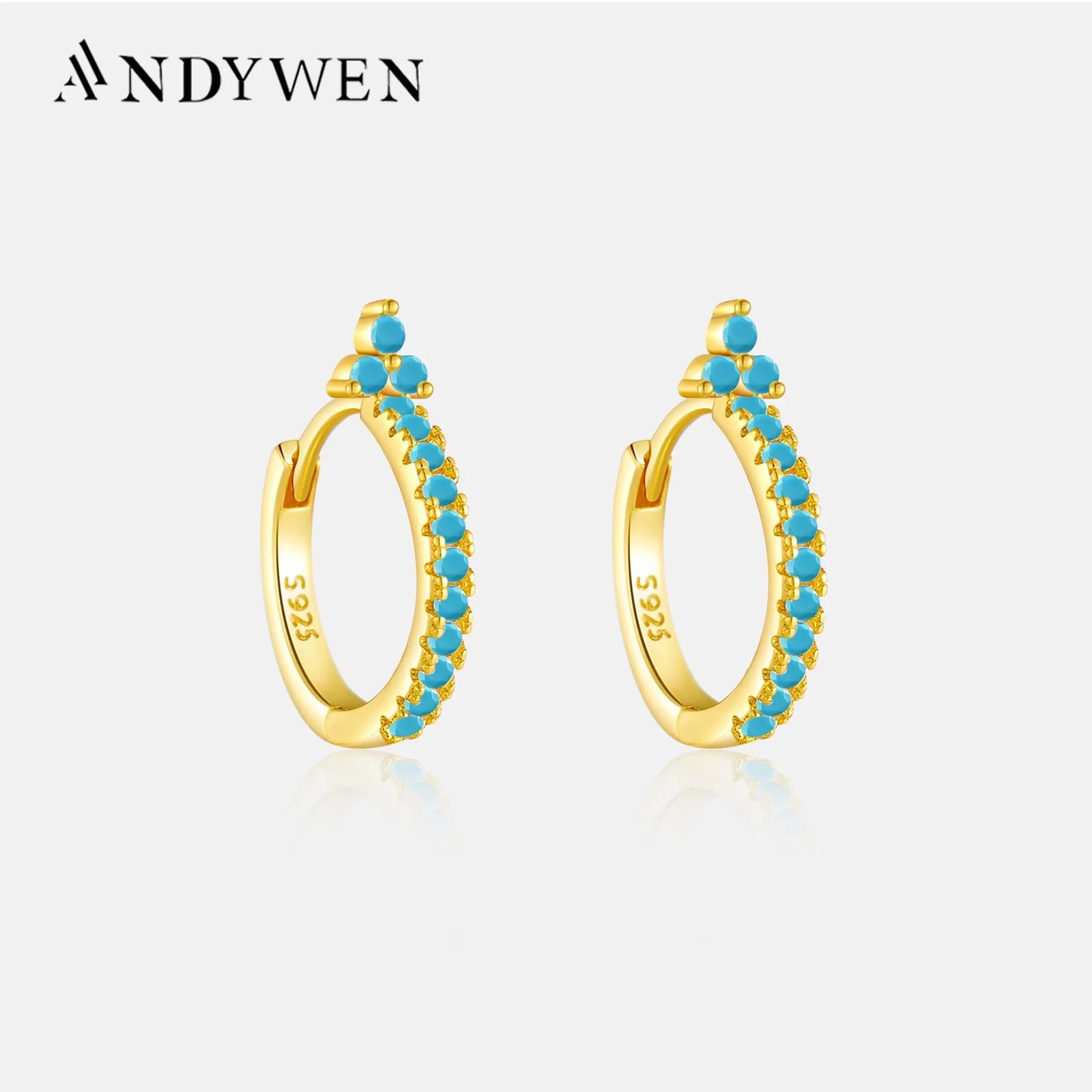 ANDYWEN 925 Sterling Silver Turquoise Hoops Earring Piercing Luxury Zircon CZ Round Loops Ohrringe Pendientes Fashion Fine Jewel