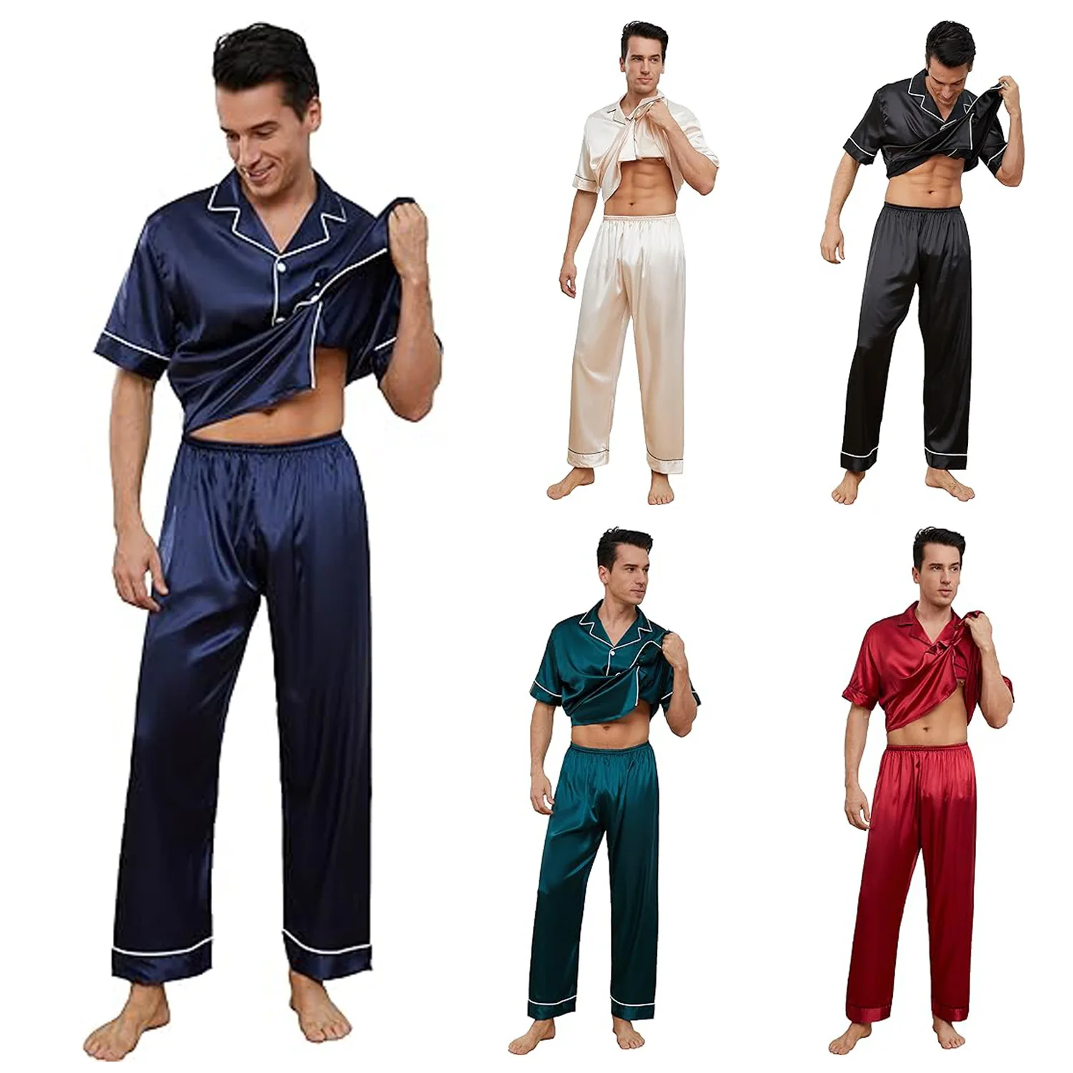 Men's Pajama Sleepwear Two Piece Set Spring Summer Short Sleeve Trouser Suits Loose Casual Ice Silk Home Clothes Lounge Wear