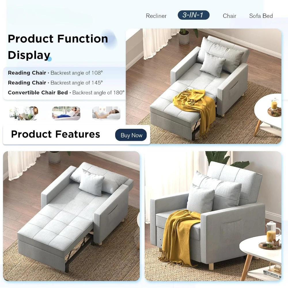 Sleeper Chair, 3-1 Convertible Chair Bed Pull Out Single Sofa Bed with Adjustable Backrest, 2 Pillows, Side Pocket,