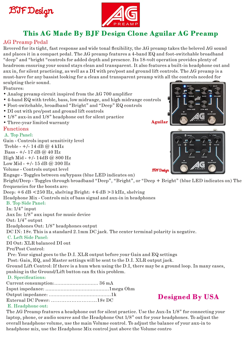 Demonfx New AG Preamp Bass Preamp Effect Pedal With Headphone out
