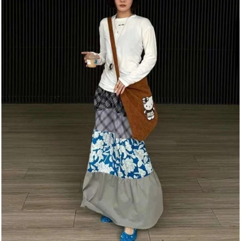 

Deeptown Japanese Style Plaid Skirt Women Vintage Harajuku Y2k Patchwork Long Skirts Autumn Winter Streetwear Retro Ruffle Skirt