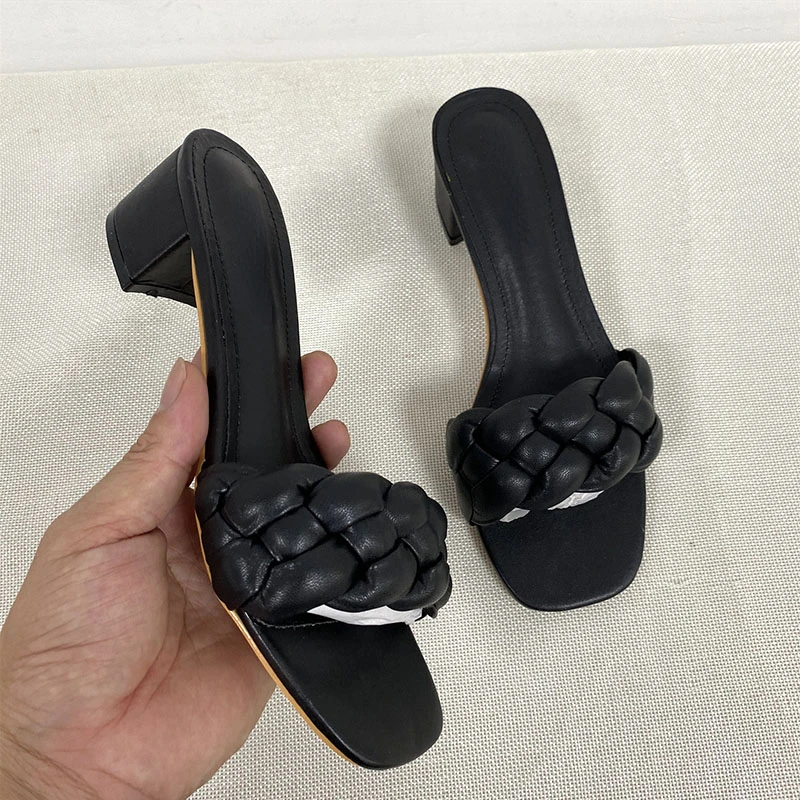 2022 Summer Square Heel 5cm High Women Slippers Outside Shoes Weave Open Toe Fashion Slides Woman Solid Leather Summer Shoe