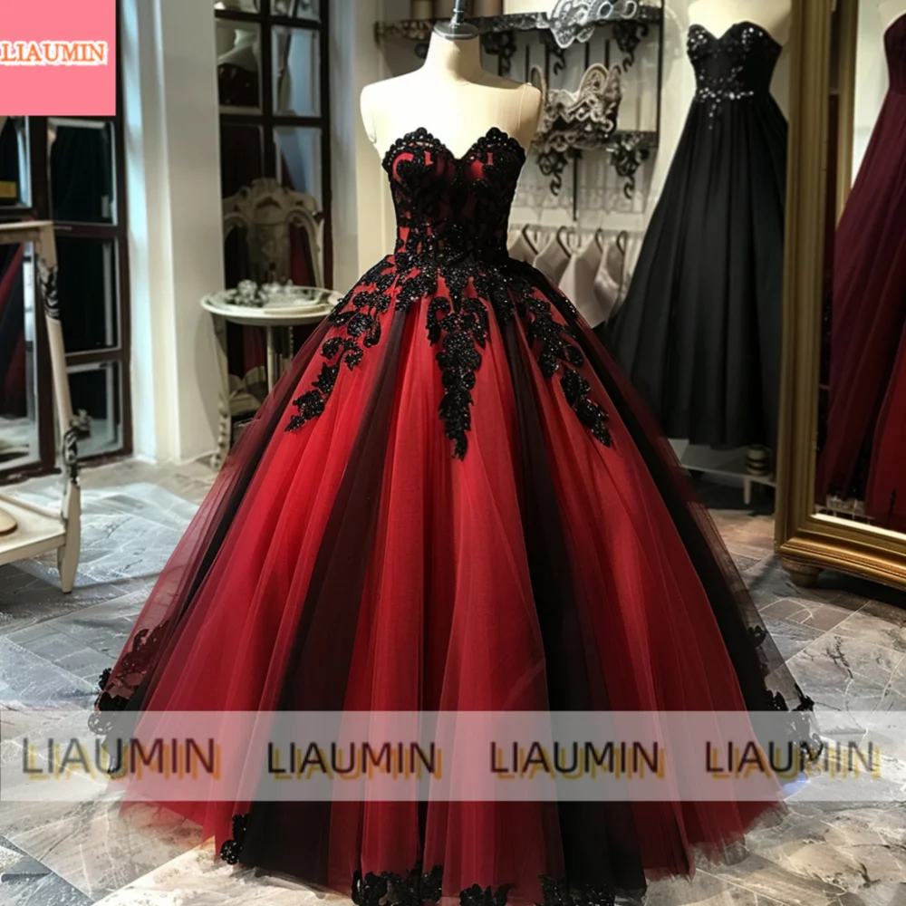 New Red Tulle Black Lace Applique Strapless Ball Gown Lace Up Back Full Length Evening Formal Occasion Princess Prom Dress W9-6