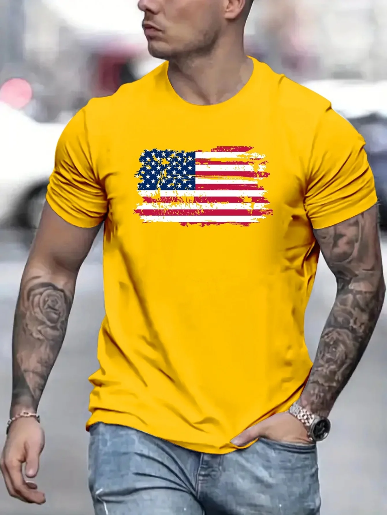 American Flag Men\'s Vintage T-shirt For Summer Outdoor, Casual Mid Stretch Crew Neck Tee Short Sleeve Graphic Stylish Top