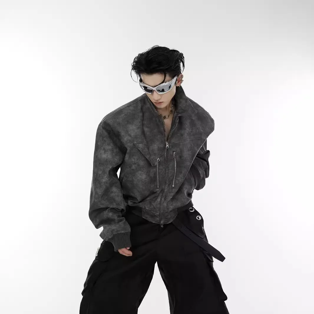 

American Niche Men's Polka Dot Windbreaker, Y2K Gradient Padded Womans Techwear, Metal Zipper Leather Jacket For Men