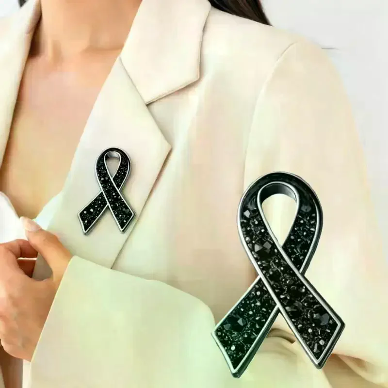 Black Rhinestones Ribbon Brooch Pin Funerals Memorial Pin Mourning Badge For Women Men Suit Shirt Scarf Jewelry Accessories