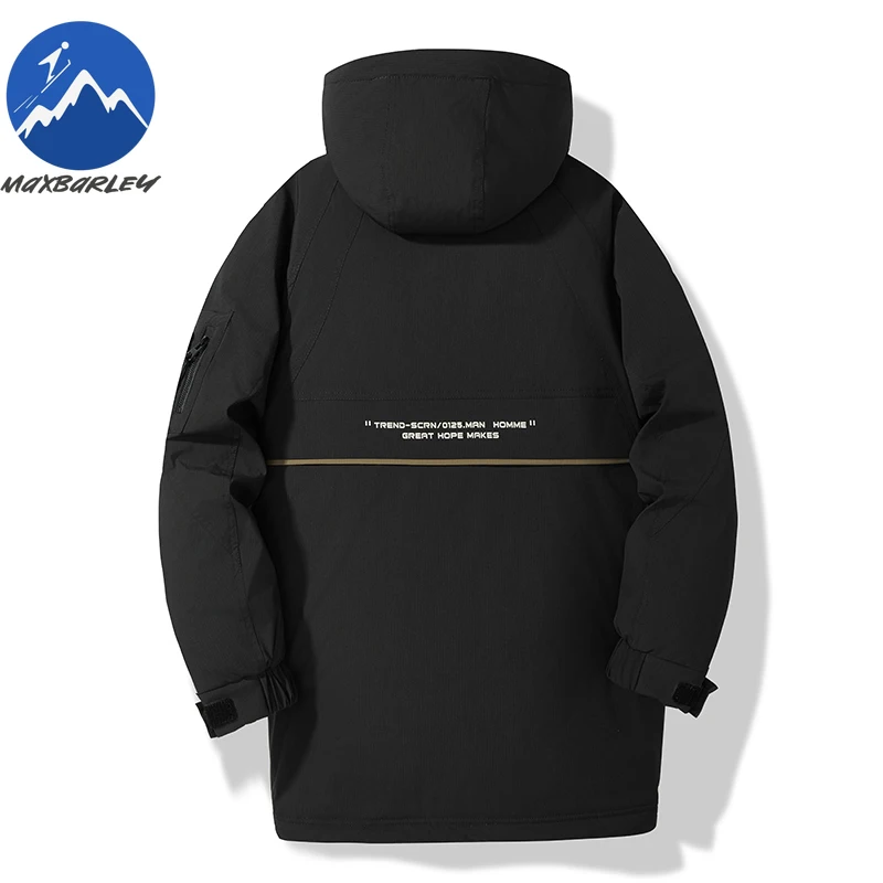 Maxbarley 2026 الرجال سترة طويلة أسفل الشتاء المشي لمسافات طويلة التزلج مقنعين الأبيض بطة أسفل معطف دافئ العصرية سميكة عالية الانتفاخ سترة منفوخة