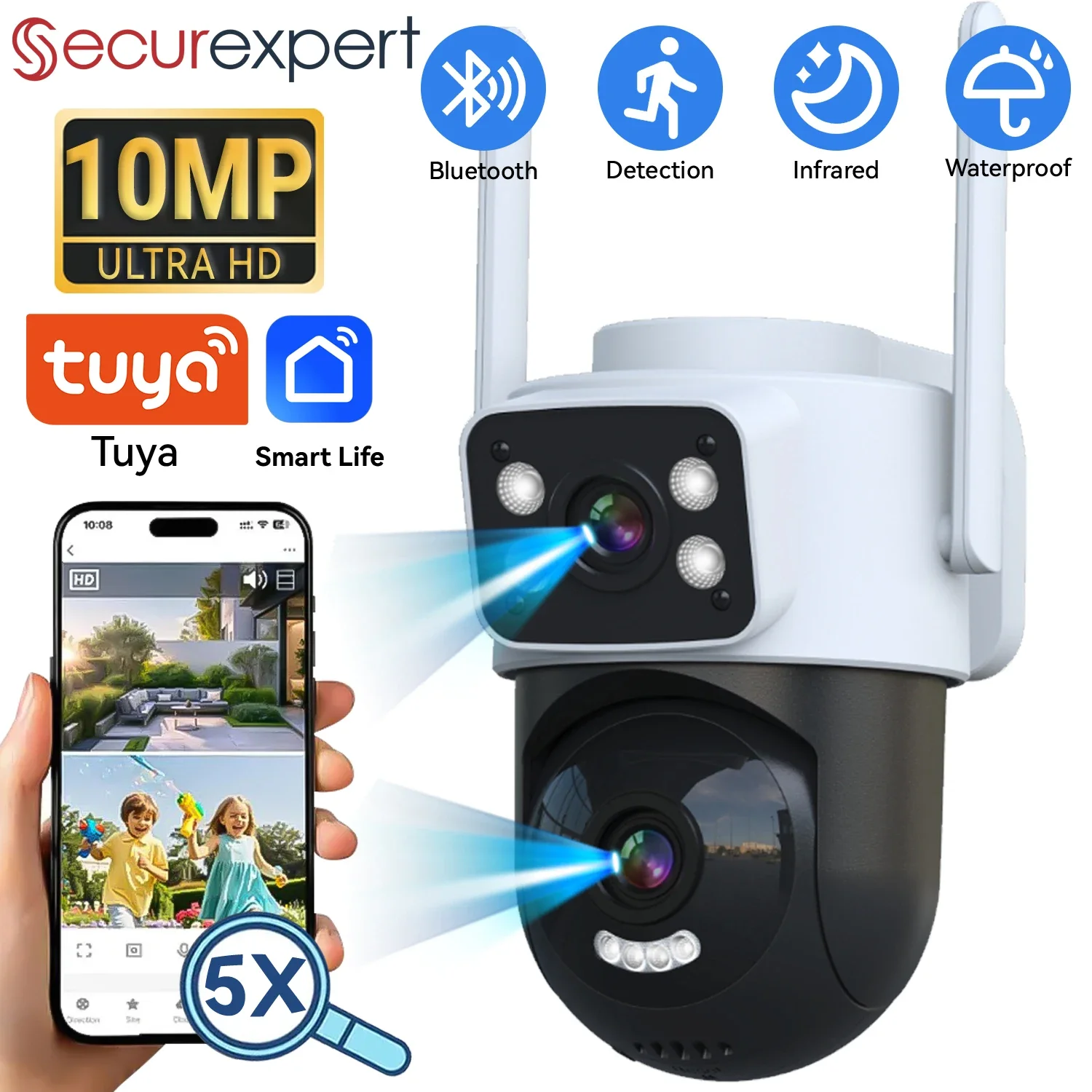 

Securexpert 10MP двойной объектив Wi-Fi камера безопасности PTZ открытый 5MP беспроводной автоматический мониторинг слежения видеонаблюдение приложение Tuya