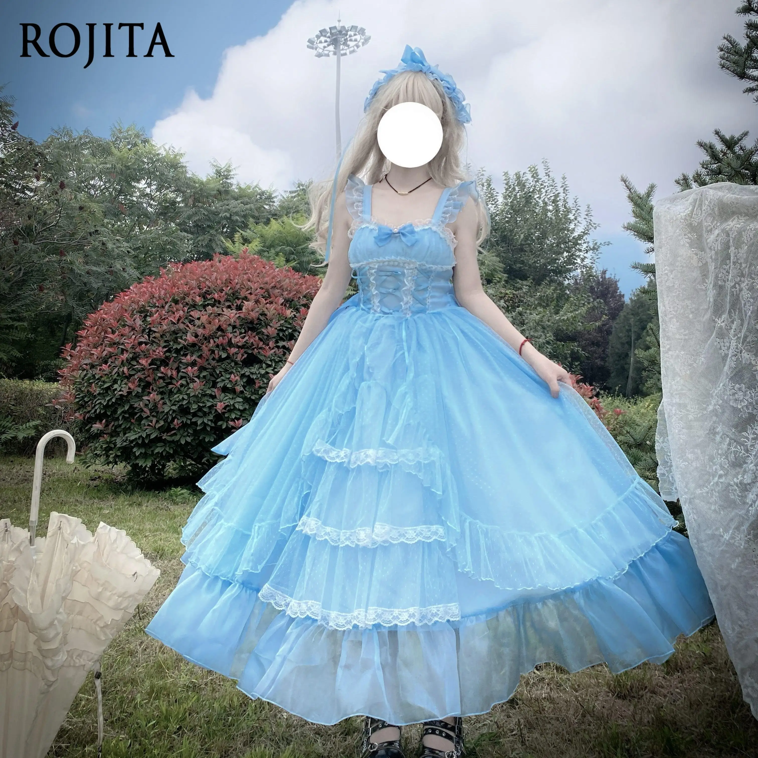 

Blue Lolita Dress Retro Style JSK Strap Dress Flutter Sleeve Square Neck Sleeveless Long Dress