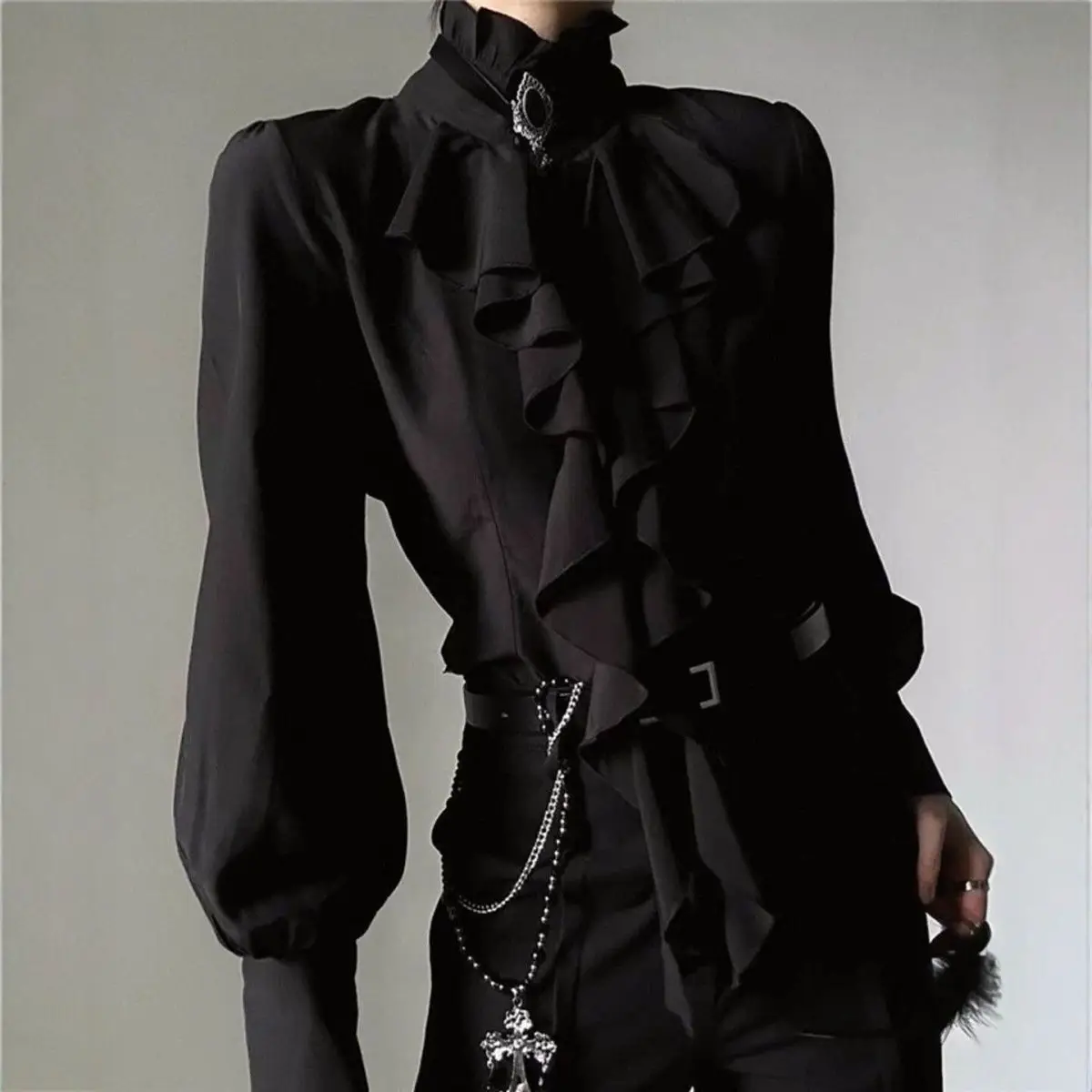 Harajuku Vintage Black Bottoming Shirt Women Stand Collar Ruffles Slim Blouses Japanese Victorian Long Sleeve Blusas De Mujer
