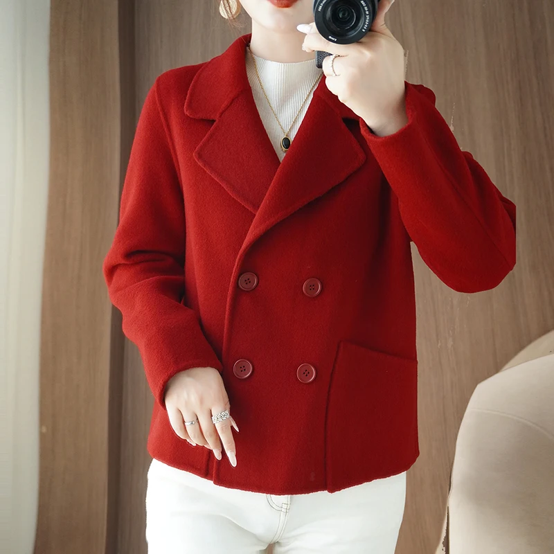 

New 100% Pure Wool Woolen Women's Coat Short Blazer Loose Double-Breasted Thickened Petite Jacket Women's Fashion
