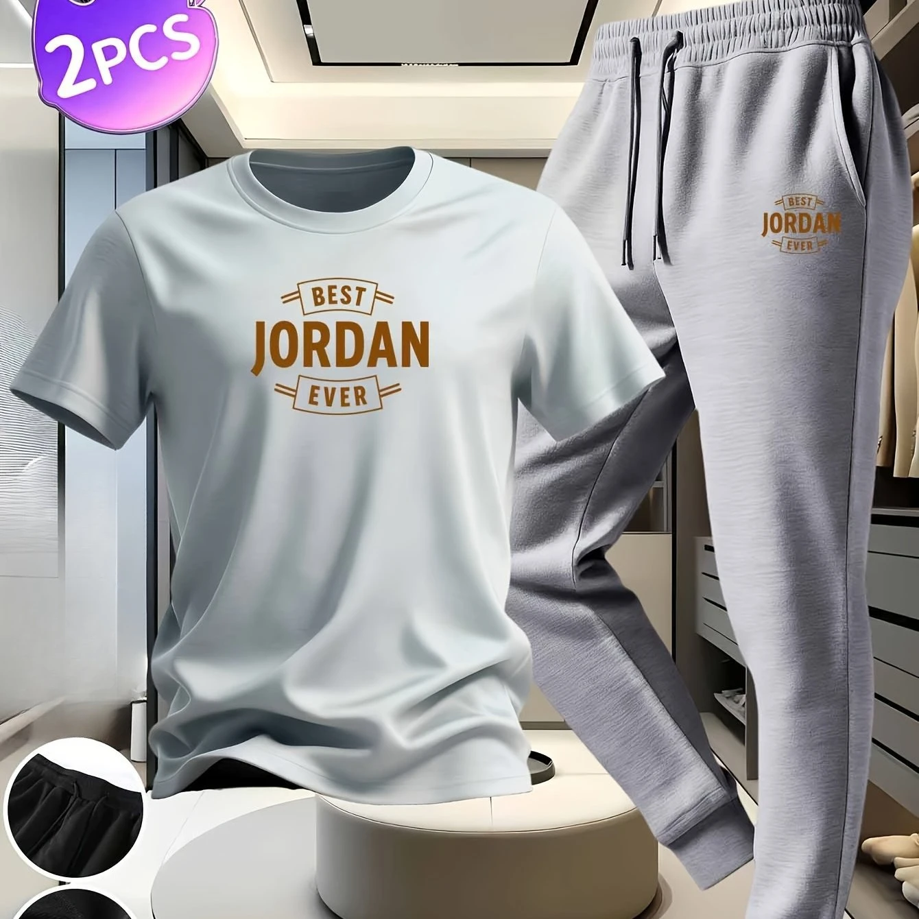 2026 new Pure cotton breathable men's short-sleeved t-shirt and long pants set - with a unique print for a slimming effect