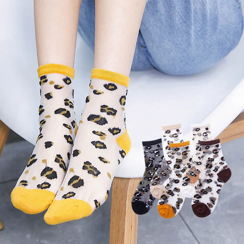 Sexy Lace Mesh Fishnet Socks Mixed Fiber Transparent Stretch Elasticity Ankle Net Yarn Thin leopard Women Cool Socks 1pair=2pcs image 3