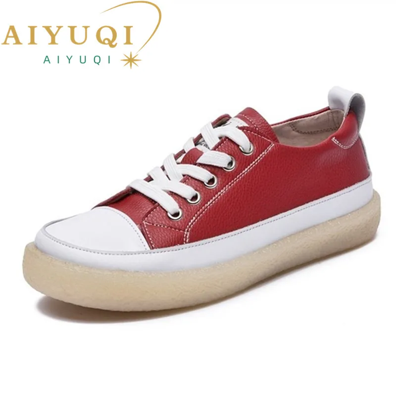 Women Spring Shoes 2024 New Genuine Leather Trend Color Matching Women Shoes Flat Bottom Lace-up Casual Girl Student Shoes