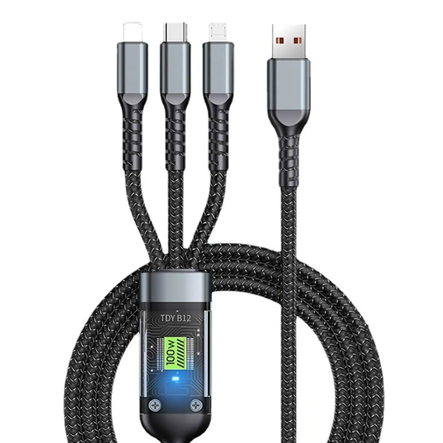 New 100W transparent medium card luminous three-in-one data cable super fast charging braided one-to-three data cable