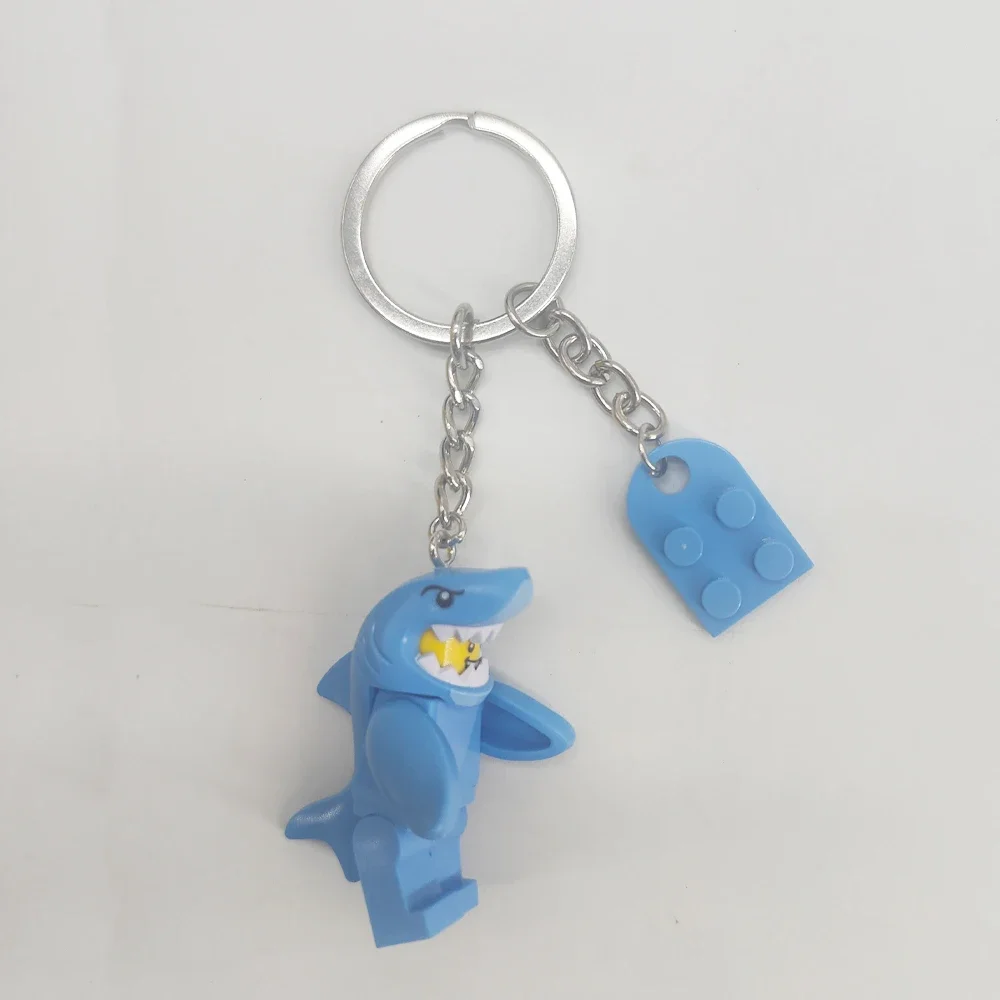 Cute Shark Building Block Couple Keychains with Heart Pendants