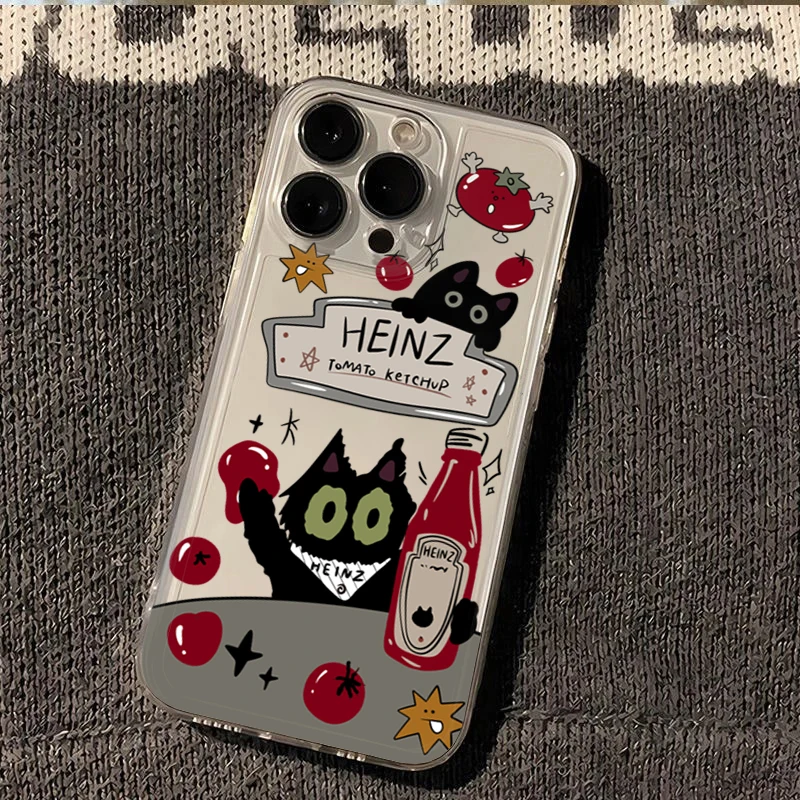 Handyhülle für Samsung Galaxy S24 S22 Plus S26 S25 Ultra A56 A53 A36 A54 Note20 A35 A55 A16 Transparente Tomatensauce Schwarze Katze Hülle